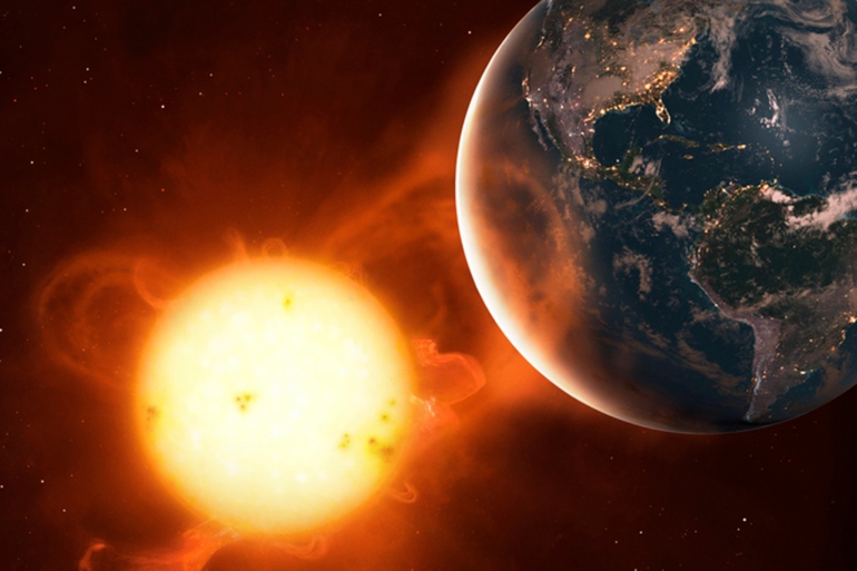 Illustration of a coronal mass ejection impacting the Earth s atmosphere. These events, CMEs for short, are powerful releases of solar charged particles (plasma) and magnetic field, travelling on the solar wind. When a CME hits Earth, it can cause a geomagnetic storm which disrupts the planet s magnetosphere, our radio transmissions and electrical power lines. They can damage artificial satellites and cause long-lasting power outages. Humans in orbit are also very vulnerable to these events, whose high-energy particles are not shield by typical spacecraft.