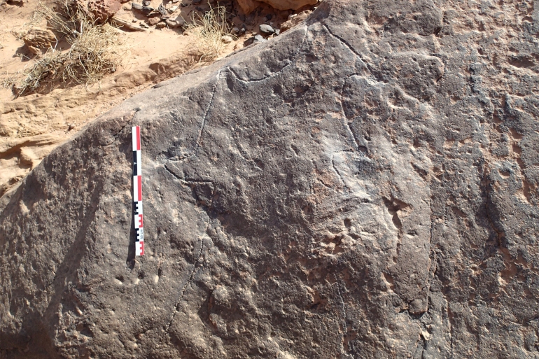 MARCH 11, 2015 - 04:35 PM correction  -  saudi  -  history  -  archaeology Sakaka, Saudi Arabia HANDOUTSEBAP & Crassard / PLOS OneAFP CORRECTION / This undated handout photograph made available by SEBAP & Crassard, shows an engraved boulder depicting two desert kites, discovered in Jebel az-Zilliyat, near Sakaka in Saudi Arabia. Desert kites are linear dry stone wall structures, with sizes ranging from a hundred meter to several kilometers in length, and are believed to be used for trapping game animals driven within their perimeter to facilitate hunting. (Photo by Handout / various sources / AFP) / NO USE AFTER JUNE 1, 2023 15:20:25 GMT - RESTRICTED TO EDITORIAL USE - MANDATORY CREDIT "AFP PHOTO/ SEBAP & CRASSARD/ 2023 PLOS ONE" - NO MARKETING NO ADVERTISING CAMPAIGNS - DISTRIBUTED AS A SERVICE TO CLIENTS - NO ARCHIVE - RESTRICTED TO EDITORIAL USE - MANDATORY CREDIT "AFP PHOTO/ SEBAP & Crassard/ 2023 PLOS ONE" - NO MARKETING NO ADVERTISING CAMPAIGNS - DISTRIBUTED AS A SERVICE TO CLIENTS - NO ARCHIVE