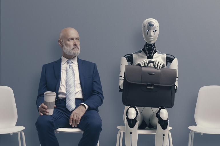 Man and AI robot waiting for a job interview: AI vs human competition