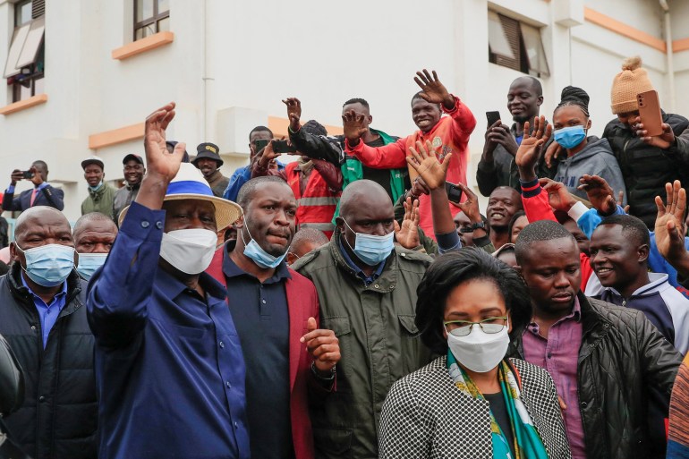 Kenya's opposition leader Raila Odinga of the Azimio La Umoja (Declaration of Unity) One Kenya Alliance, waves as he visits his supporters who were shot and injured during the anti-government protest against the imposition of tax hikes by the government, at the Mama Lucy Kibaki hospital in Nairobi, Kenya July 26, 2023. REUTERS/Thomas Mukoya