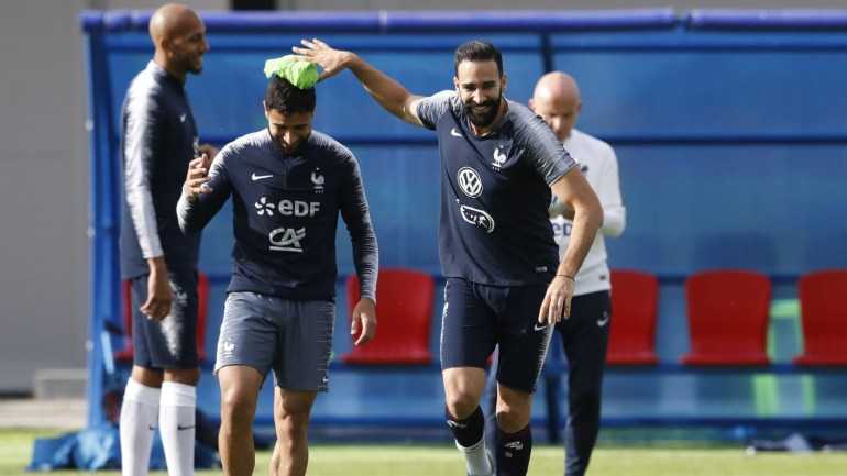 Soccer Football - World Cup - France Training - France Training Camp, Istra, Russia - July 7, 2018 France's Nabil Fekir and Adil Rami during training. REUTERS/Sergei Karpukhin