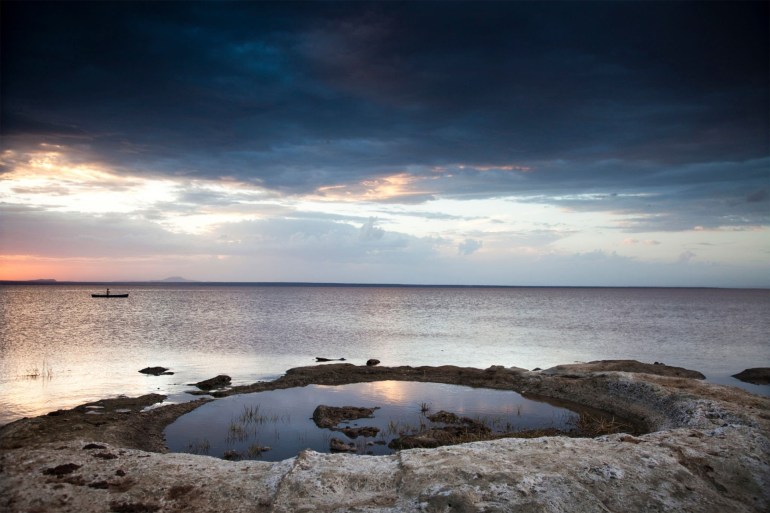 A landscape image of Lake Langano in central Ethiopia at sunset. - stock photo