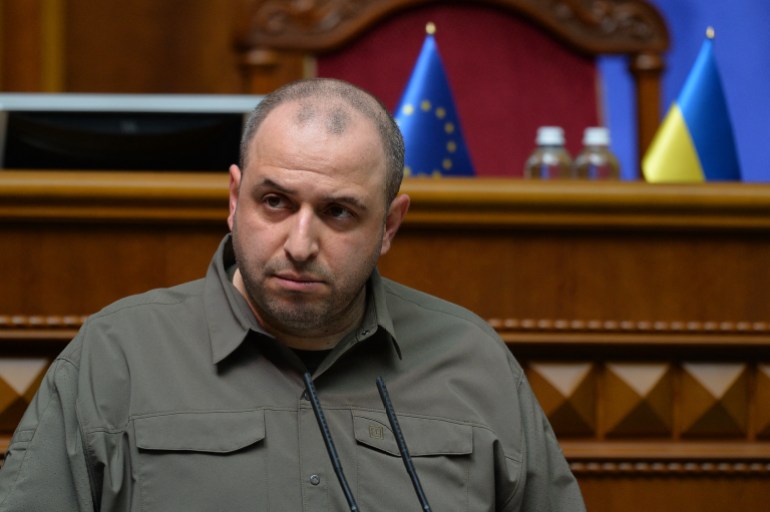 Rustem Umerov stands in the Ukrainian parliament during voting on his nomination as the Ukrainian defence minister in Kyiv on September 6, 2023, amid the Russian invasion of Ukraine. - Ukraine's parliament approved President Volodymyr Zelensky's nomination of Rustem Umerov, a Crimean Tatar, as Kyiv's new defence minister after the resignation of Oleksiy Reznikov. (Photo by ANDRII NESTERENKO / AFP)