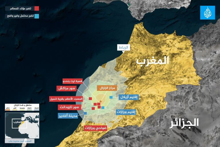 خريطة للمواقع الأثرية المتضررة من الزلزال والمناطق التي يحتمل أن تكون آثارها تعرضت لأضرار غير محددة بعد (الحزيرة)