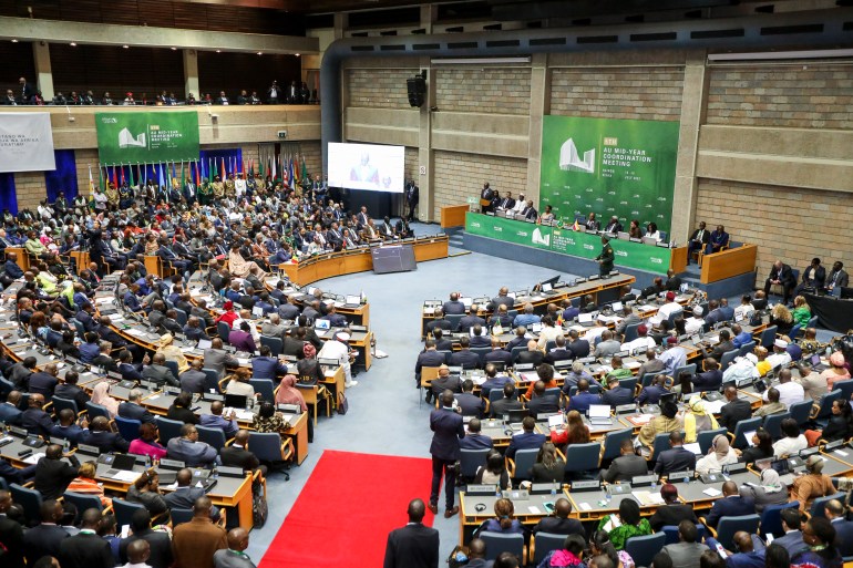 epa10749267 Delegates follow the proceedings of the closing ceremony of the 5th Mid-Year Coordination Meeting of the African Union, Regional Economic Communities and Regional Mechanisms being held at the United Nations (UN) offices in Gigiri, Nairobi, Kenya, 16 July 2023. The meeting was running from 13 July 2023. EPA-EFE/DANIEL IRUNGU