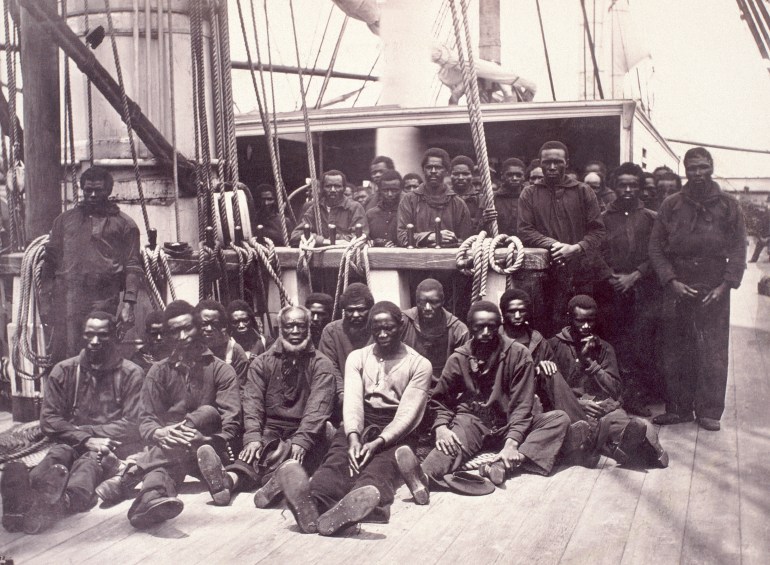 A group of African Americans aboard the USS Vermont. The United States Navy employed thousands of freed slaves during the Civil War. (Photo by © CORBIS/Corbis via Getty Images)