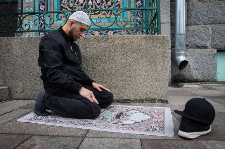 ST PETERSBURG, RUSSIA - 2024/04/10: Muslims offer prayers near the St. Petersburg Cathedral Mosque on Kronversky Prospekt during the celebration of Eid Al-Fitr (Uraza Bayram), which is celebrated to mark the end of the month of Ramadan. (Photo by Artem Priakhin/SOPA Images/LightRocket via Getty Images)