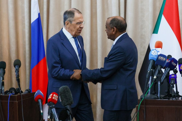 ussian Foreign Minister Sergei Lavrov and Sudan's acting foreign minister, Ali al-Sadiq, hold a joint press conference at the airport in Khartoum on February 9, 2023. (Photo by Handout / RUSSIAN FOREIGN MINISTRY / AFP) / RESTRICTED TO EDITORIAL USE - MANDATORY CREDIT "AFP PHOTO / RUSSIAN FOREIGN MINISTRY / HANDOUT" - NO MARKETING NO ADVERTISING CAMPAIGNS - DISTRIBUTED AS A SERVICE TO CLIENTS - RESTRICTED TO EDITORIAL USE - MANDATORY CREDIT "AFP PHOTO / Russian Foreign Ministry / handout" - NO MARKETING NO ADVERTISING CAMPAIGNS - DISTRIBUTED AS A SERVICE TO CLIENTS