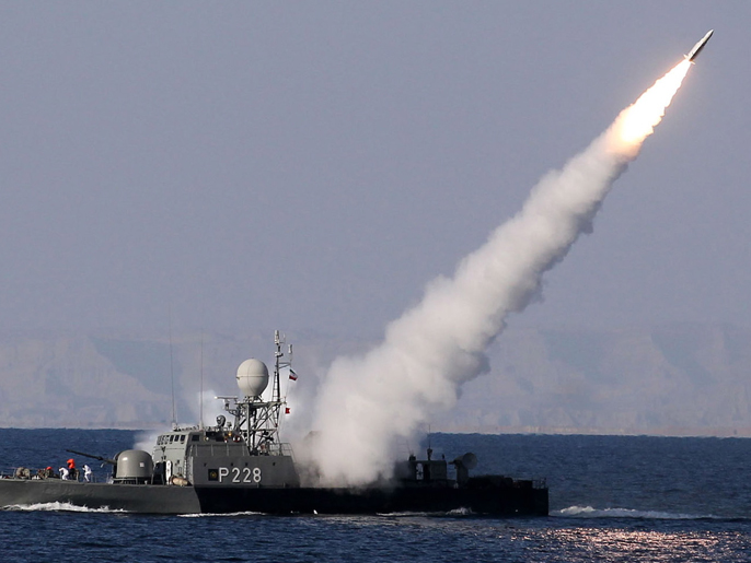 epa03046989 An Iranian navy warship test fires a new long range missile (Mehrab) during the Iranian navy military exercise on the Sea of Oman, near the Strait of Hormuz in southern Iran, 01 January 2012. Amid a verbal row with the United States over blocking the Strait of Hormuz, a vital oil shipping route, Iran on Saturday started testing long range missiles in the Persian Gulf. Fars news agency reported that on the final phase of navy maneuvers in the Persian Gulf, several long-range missiles were tested