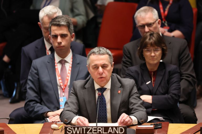 NEW YORK, NEW YORK - FEBRUARY 24: Federal Councillor of the Swiss Confederation Ignazio Cassis speaks during a Security Council meeting concerning the war in Ukraine at United Nations headquarters on February 24, 2023 in New York City. Blinken was one of the international officials to attend the Security Council meeting marking the one-year mark of Russia’s invasion of Ukraine. On Thursday, the UN General Assembly passed 141-7 with 32 abstention calling for a cessation of hostilities in Ukraine and for Russia to withdraw its forces immediately. (Photo by Michael M. Santiago/Getty Images)