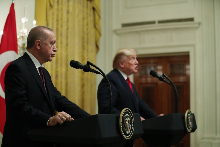 WASHINGTON, USA - NOVEMBER 13: (----EDITORIAL USE ONLY – MANDATORY CREDIT - "TURKISH PRESIDENCY / MURAT CETINMUHURDAR / HANDOUT" - NO MARKETING NO ADVERTISING CAMPAIGNS - DISTRIBUTED AS A SERVICE TO CLIENTS----) President of Turkey, Recep Tayyip Erdogan and U.S. President Donald Trump hold a joint press conference following their meeting at the White House in Washington, United States on November 13, 2019.