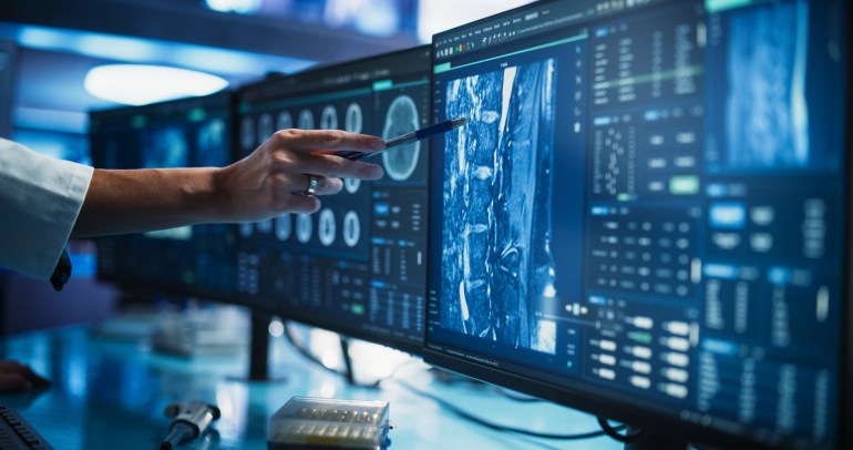 Modern Cancer Research Medical Center: Anonymous Doctor Pointing At Desktop Computer Monitor With 3D ...