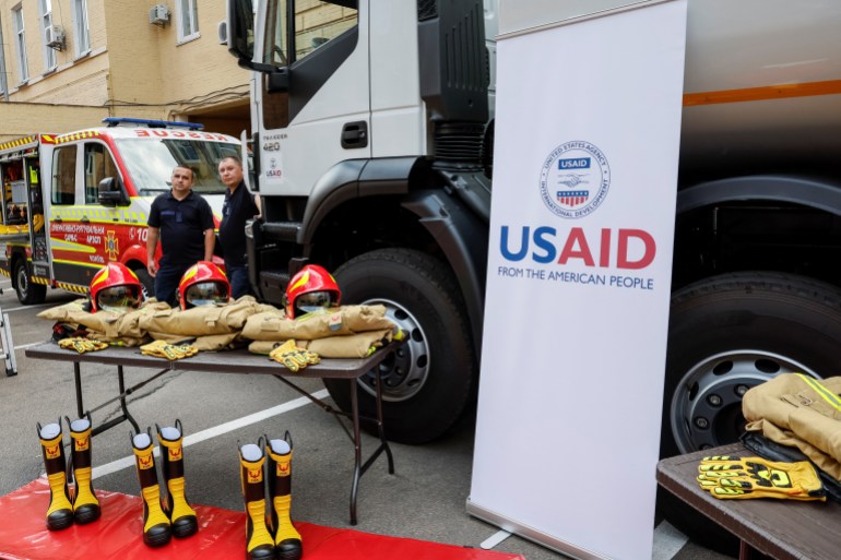 Ukrainian rescuers appear next to new equipment, which was provide by United States Agency for International Development before a press conference of the USAID Administrator Samantha Power during her visit to Ukraine, amid Russia's attack on Ukraine, in Kyiv, Ukraine, July 17, 2023. REUTERS/Alina Smutko