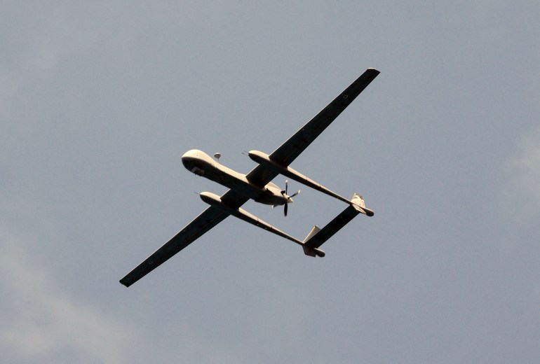 An Israeli Drone "Eithan" performs during an air show over the beach in the Israeli coastal city of Tel Aviv on May 5, 2022, as Israel marks Independence Day (Yom HaAtzmaut), 74 years since the establishment of the Jewish state. - Israel's first prime minister David Ben-Gurion declared the existence of the State of Israel in Tel Aviv in 1948, ending the British mandate. (Photo by JACK GUEZ / AFP)