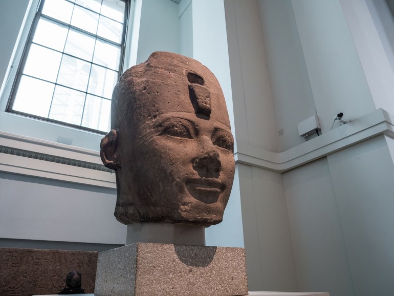 London, UK, January 28th 2023:Head of King Thutmose I, 18th Dynasty, reign of Thutmose I. From Thebes, Karnac, Temple of Amun-Ra. Limestone sculpture. The British Museum, Egyptian exhibition.