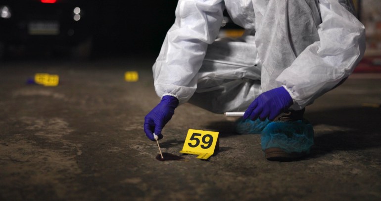 Person, swab and hands in investigation at crime scene, blood sample and discovery of dna marker. Professional, homicide evidence and hazmat suit for safety, night and search for forensics in case