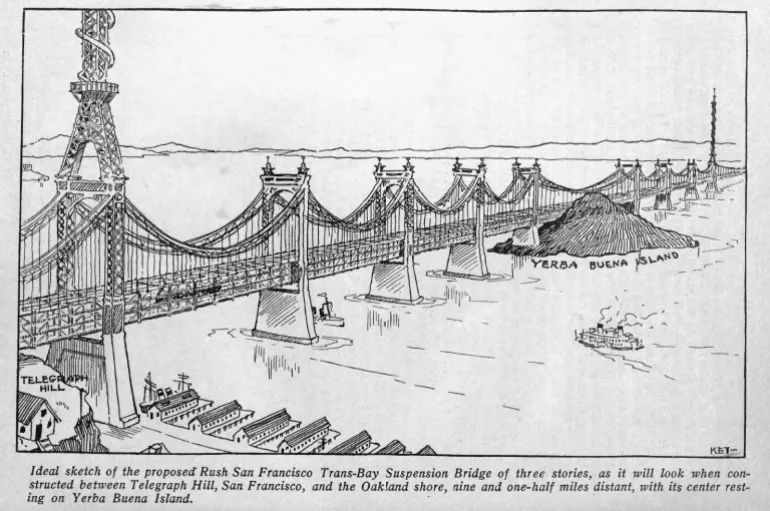 A sketch of the proposed San Francisco-Oakland Bay Bridge as seen in Overland Monthly in April 1913