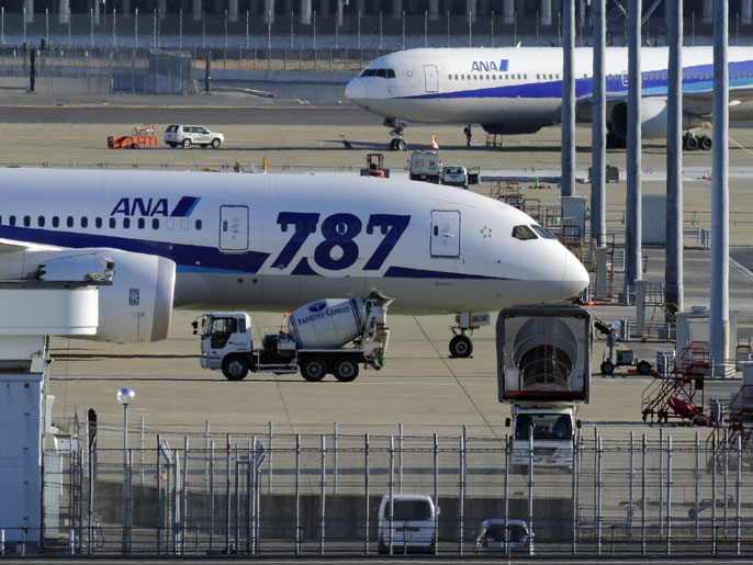epa03542010 An ANA Boeing 787 Dreamliner is seen grounded at Haneda airport in Tokyo, Japan, 18 January 2013. Since the Boeing 787 Dreamliners are grounded due to safety concerns, All Nippon Airways Co. (ANA) and Japan Airlines Co. (JAL) had to cancel several domestic and international flights. Media reports say that ANA is particularly hit as it owns 17 Dreamliners and was forced to cancel 24 domestic flights and six international flights on 18 January. EPA/FRANCK ROBICHON