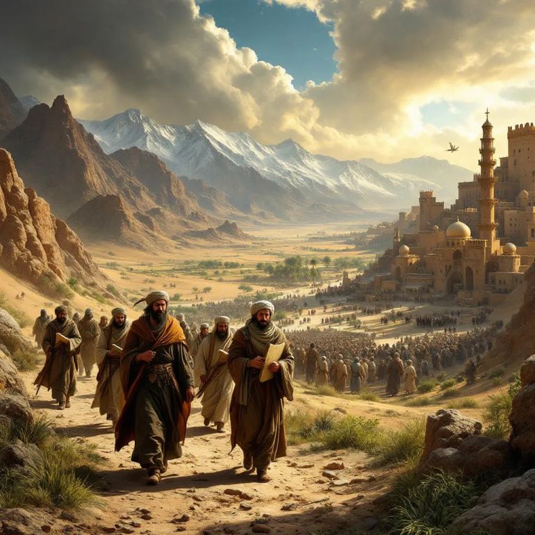 A dramatic historical scene depicting Ibn al-Baytar, the Andalusian botanist and physician, traveling through diverse Middle Eastern landscapes in the 13th century. The foreground shows Ibn al-Baytar walking with a group of fellow scholars and loyal mamluks, carrying scrolls and botanical specimens. The background transitions from hot Arabian deserts with palm oases to the snowy high mountains of Anatolia. A distant storm brews, symbolizing the turbulent times. Nearby, a fortified medieval city represents Cairo or Damascus, bustling with soldiers and courtiers. Scenes of war and tension subtly appear: armies marching, political intrigue in palace windows, and looming crusader ships off a rocky coastline. Ibn al-Baytar is depicted thoughtfully discussing with his close companion, Ibn Abi Usaibi‘a, surrounded by ancient manuscripts referencing Greek scholars Dioscorides and Galen. The atmosphere mixes scholarly pursuit with the harsh realities of conflict. Style: realistic historical painting with earthy tones, dynamic lighting, and detailed expressions conveying determination and concern.