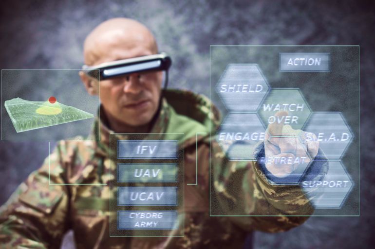 futuristic soldier piloting drones trough holographic console