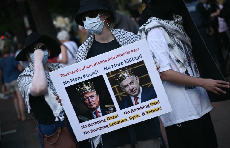 Protesters rally as Israeli Prime Minister Benjamin Netanyahu meets with US President Donald Trump in Washington, DC, on July 7, 2025.